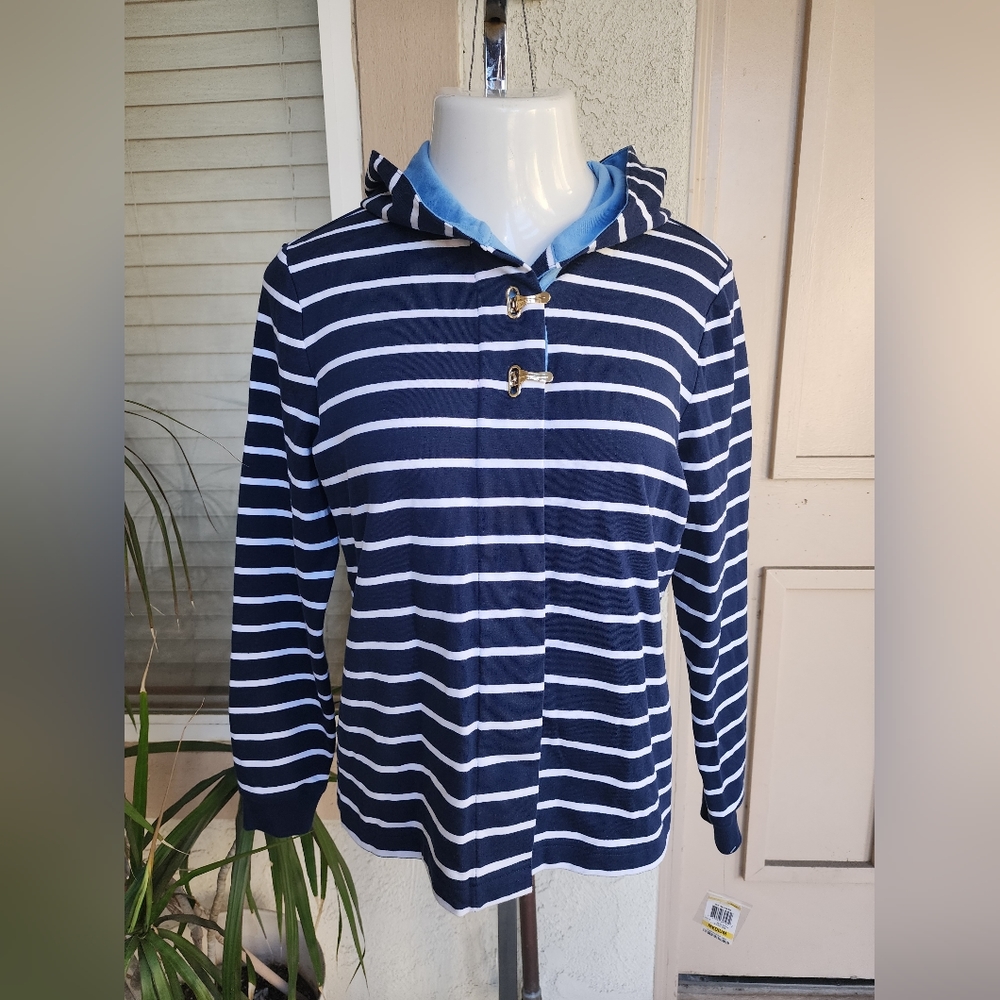 MEDIUM women Macy's CHARTER CLUB knit blue white stripes cotton jacket hooded